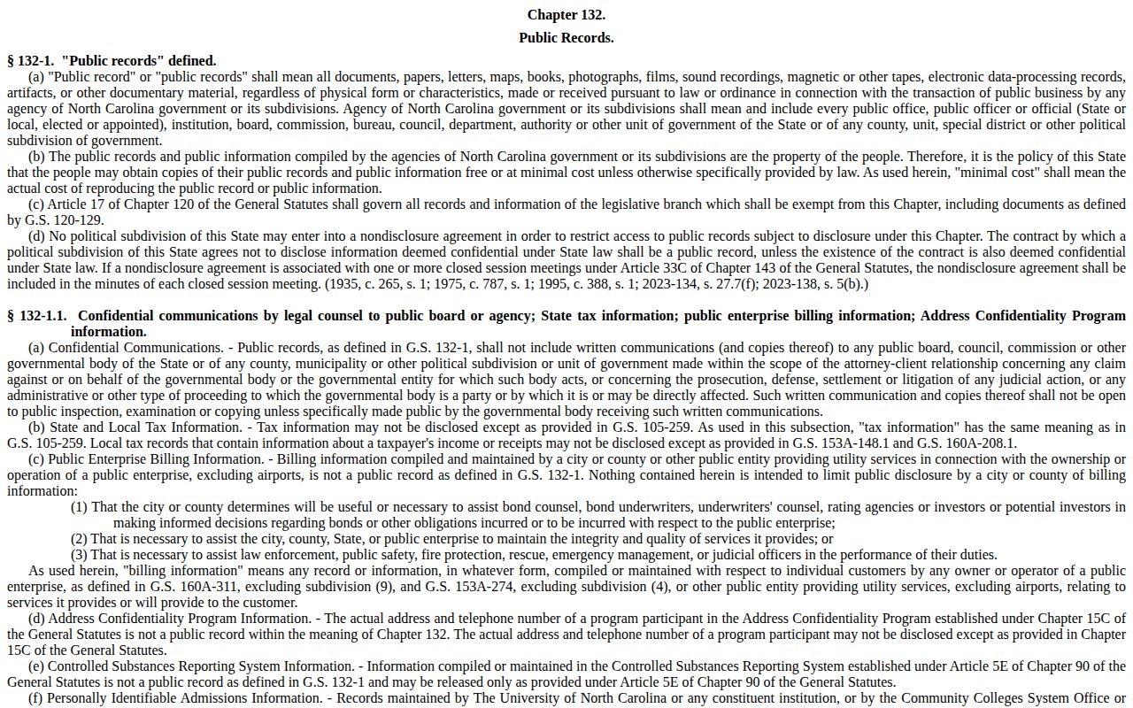 North Carolina public records statute covering arrest information
