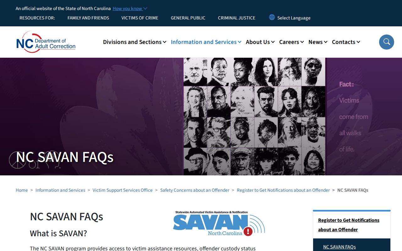 NC SAVAN FAQ explaining search fields and notification registration