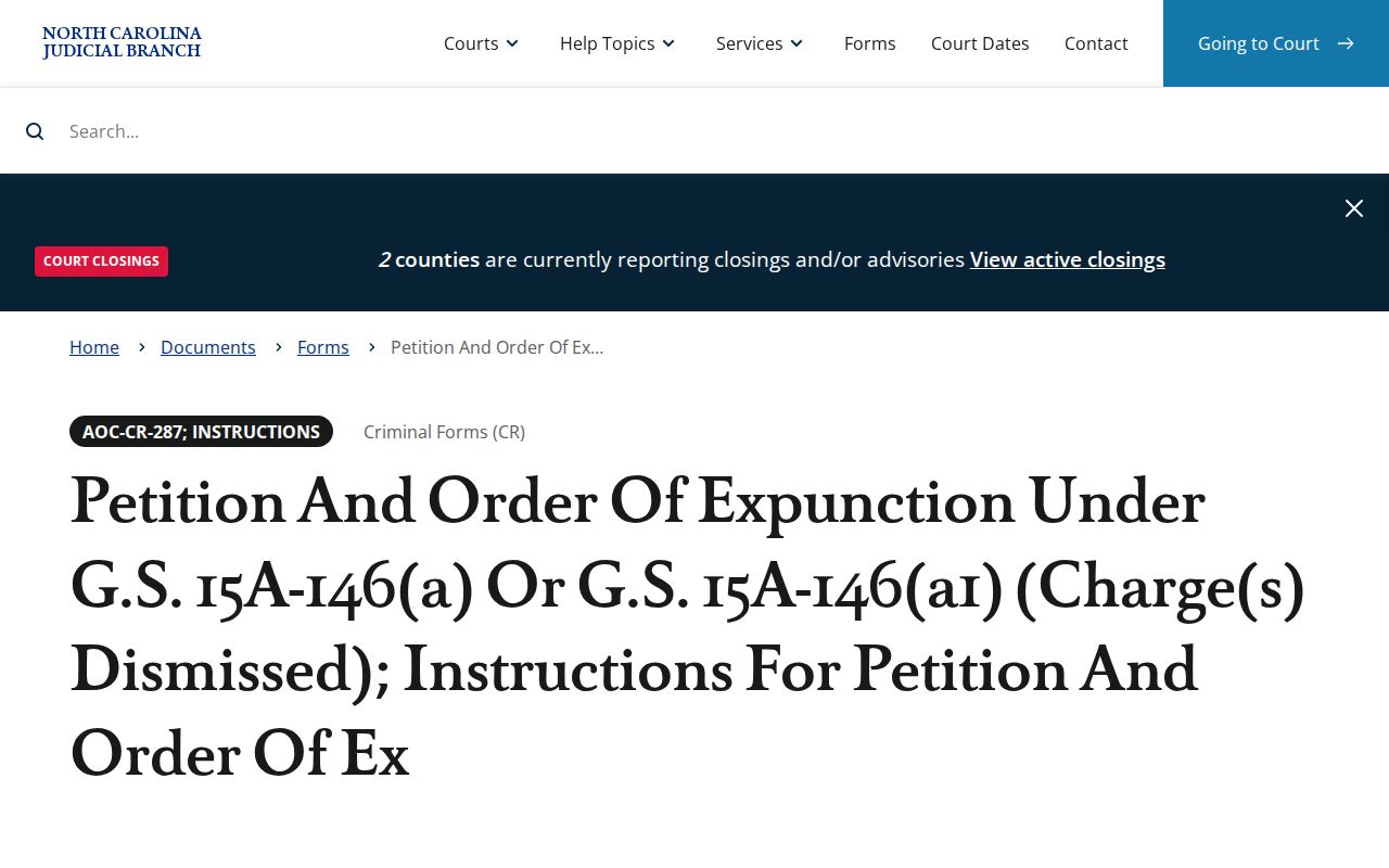 North Carolina Judicial Branch official expunction form and instructions page