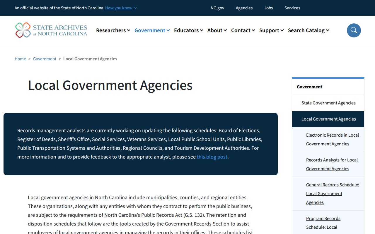 North Carolina State Archives local government records schedule information