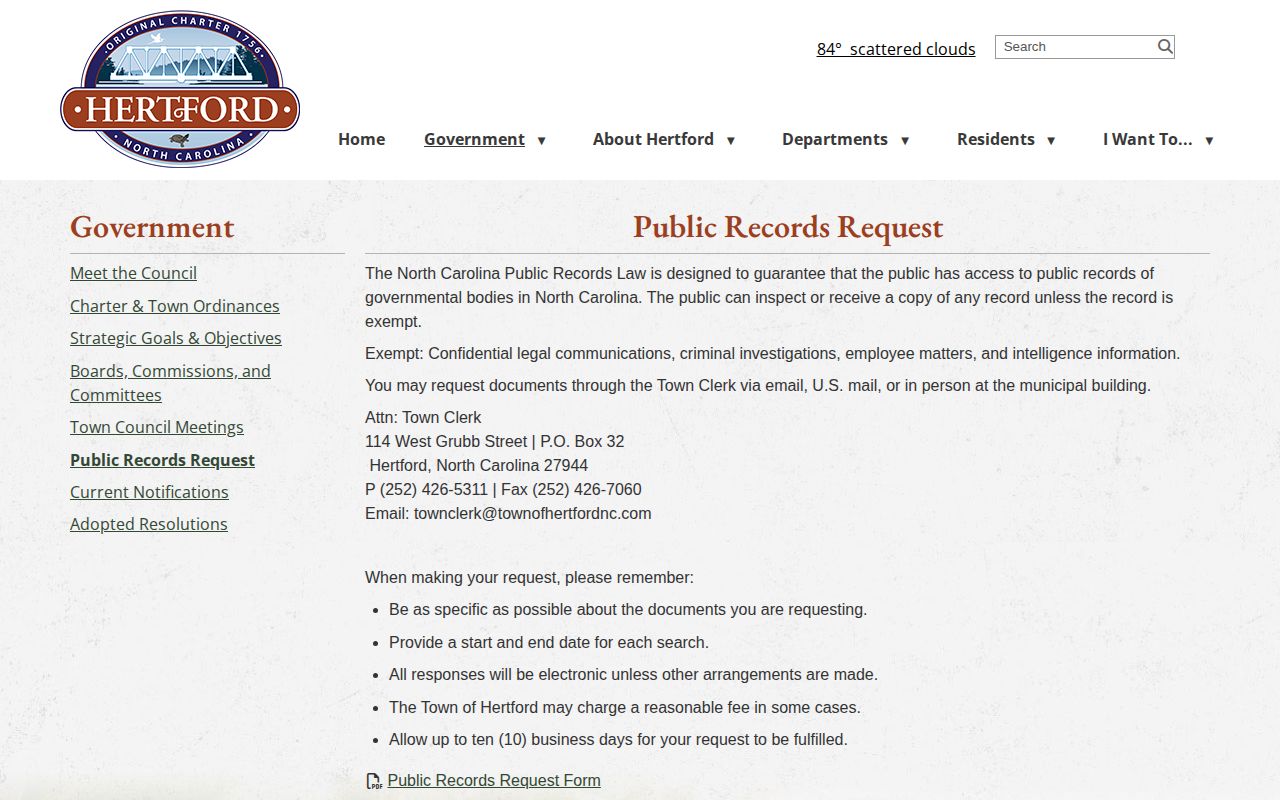 Town of Hertford official public records request instructions