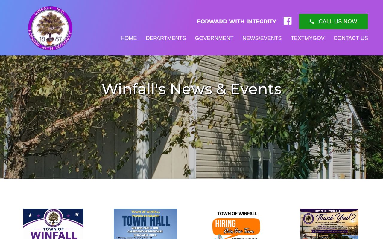 Town of Winfall page directing police assistance calls to the county sheriff
